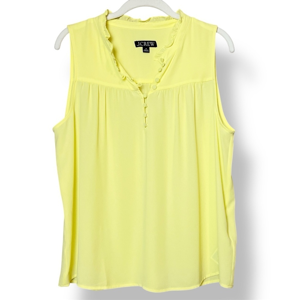 J. Crew Sleeveless Button Front Ruffle Neck Popover Top Medium neon yellow flowy